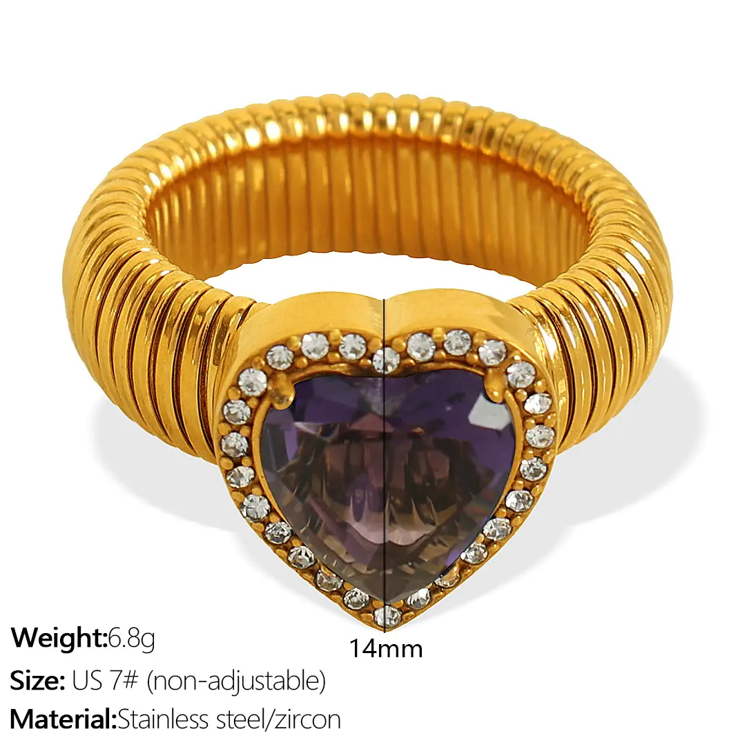 1 Piecer Romantic Series Retro Heart Colorful Stainless Steel  Gold Color Zircon Women's Gemstone Rings h5 